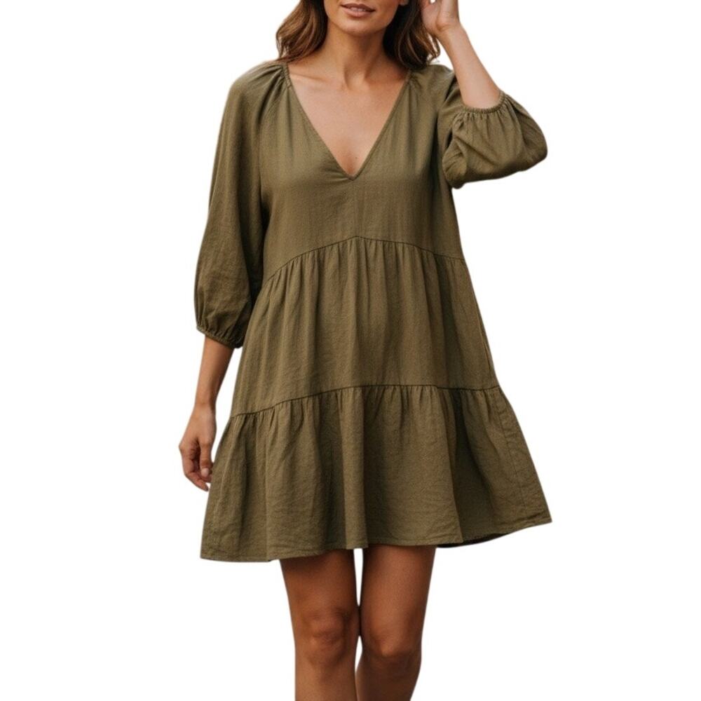 Talulah Sage Drop Waist Tiered Mini Dress Medium Cotton Rayon Romantic Boho